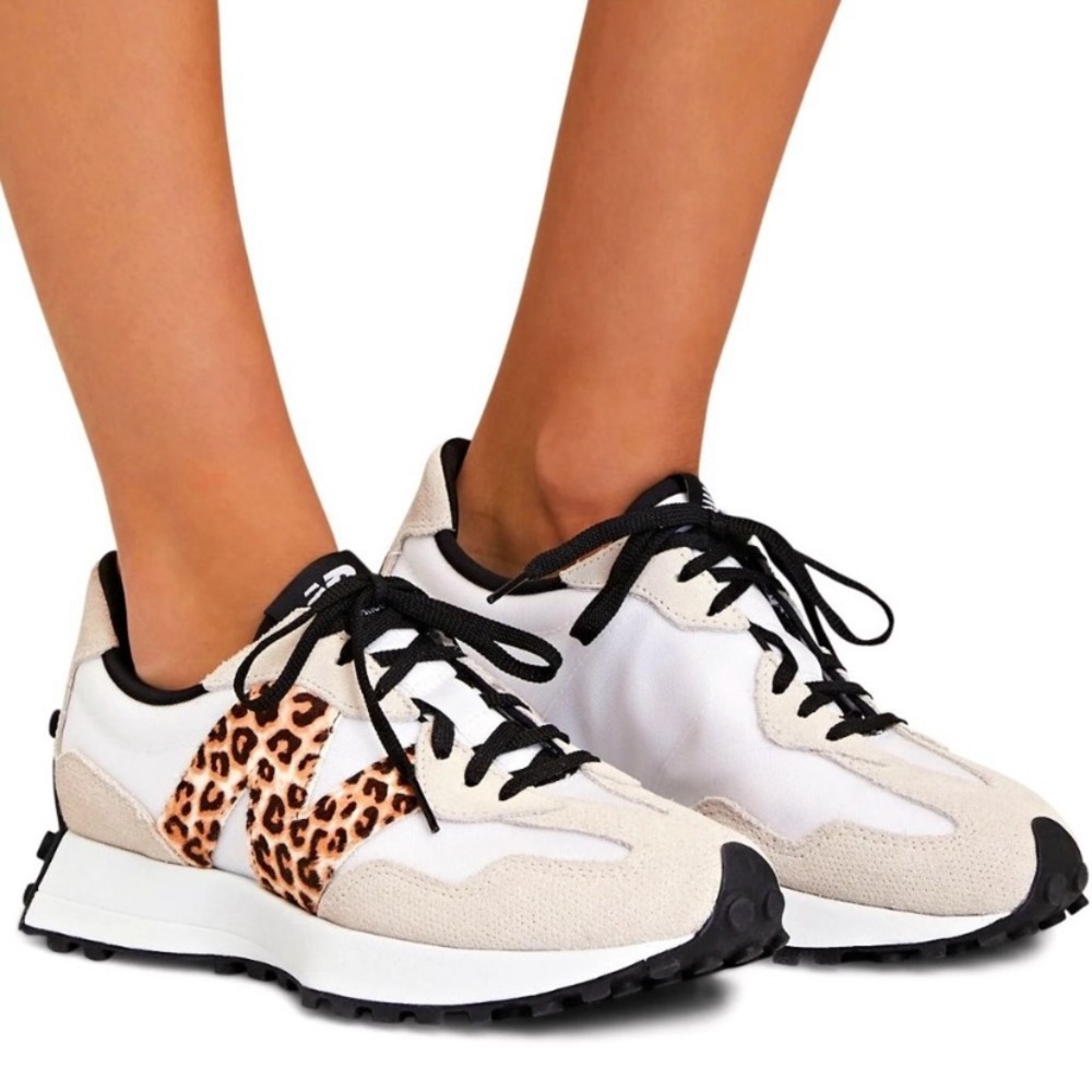NEW BALANCE 327 LEOPARD LOGO CASUAL WOMENS SNEAKERS WHITE BROWN ANIMAL PRINT